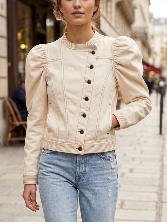 Ulla Johnson Cream Cosette Denim Jacket Puff Sleeve Contrast Stitch Size S